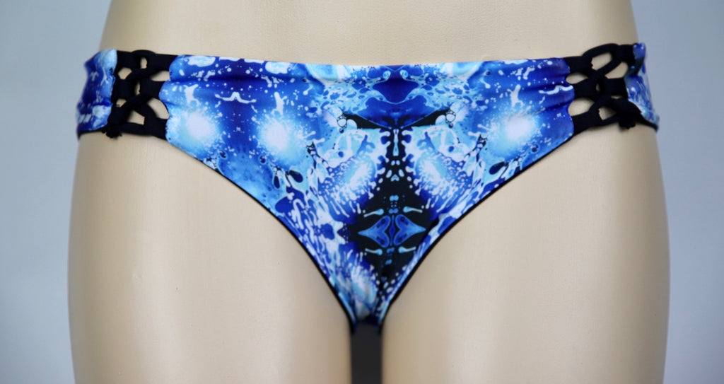 Psychedelic Blue Liquid Wave Front Loop Bottom Hawaiian Swim Suit Tie Dye