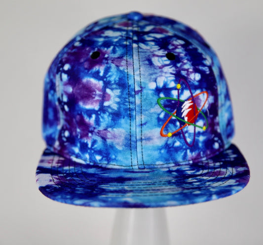 blue and purple, tie dye, flex fitted hat, psychedelic, psychatomic, festival